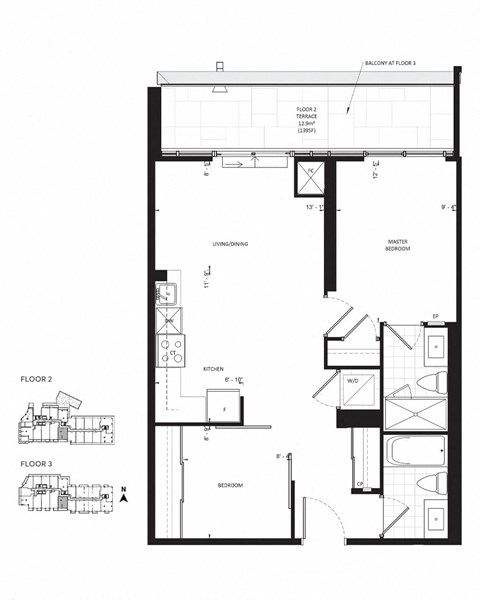 Floor plan for 2 beds, 2 baths, 740 sqft